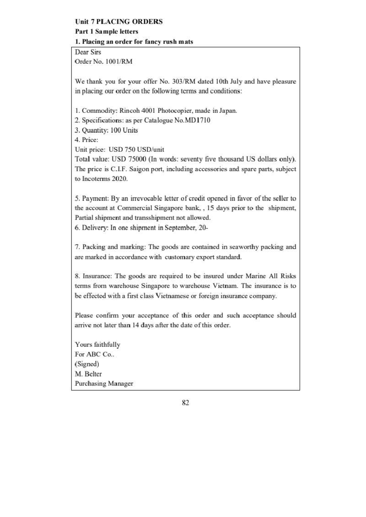 Unit 7: Placing Orders - Sample Letters and Practices - Studocu