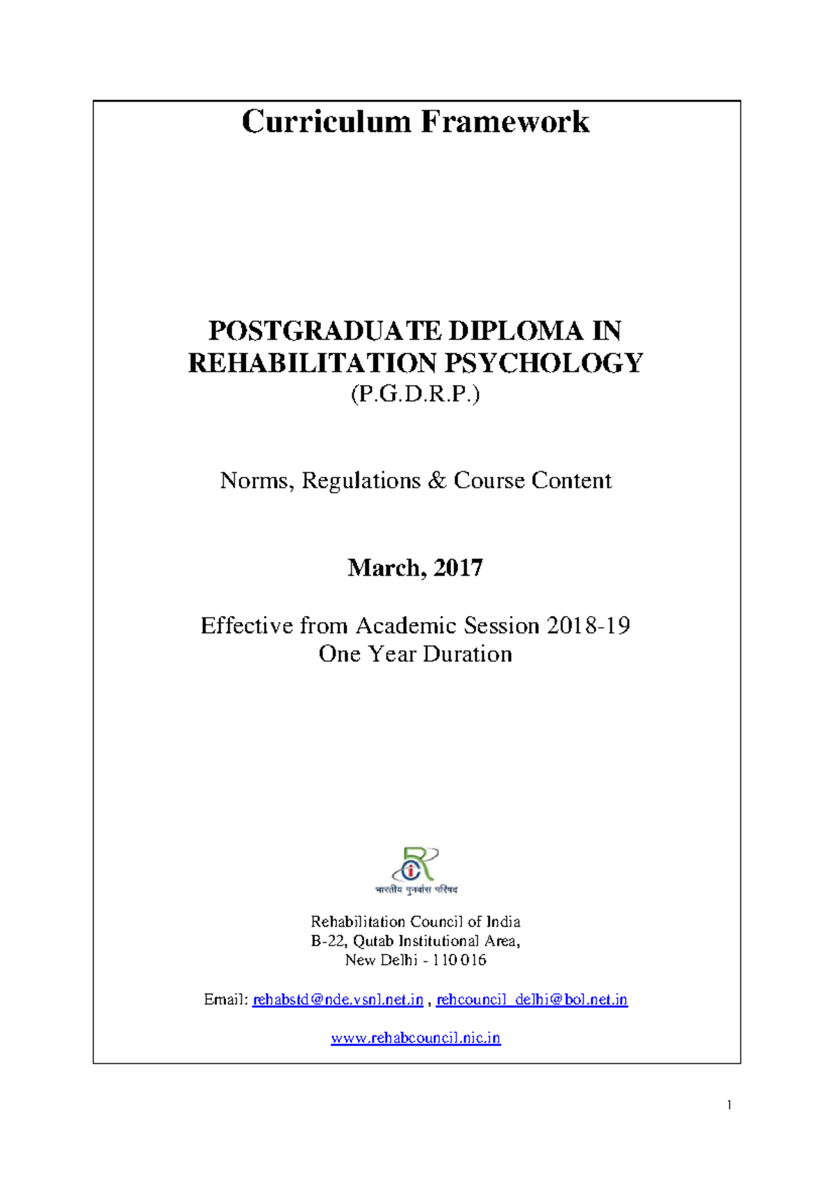 Revised Curriculum Framework for P.G.D.R.P. in Rehabilitation ...
