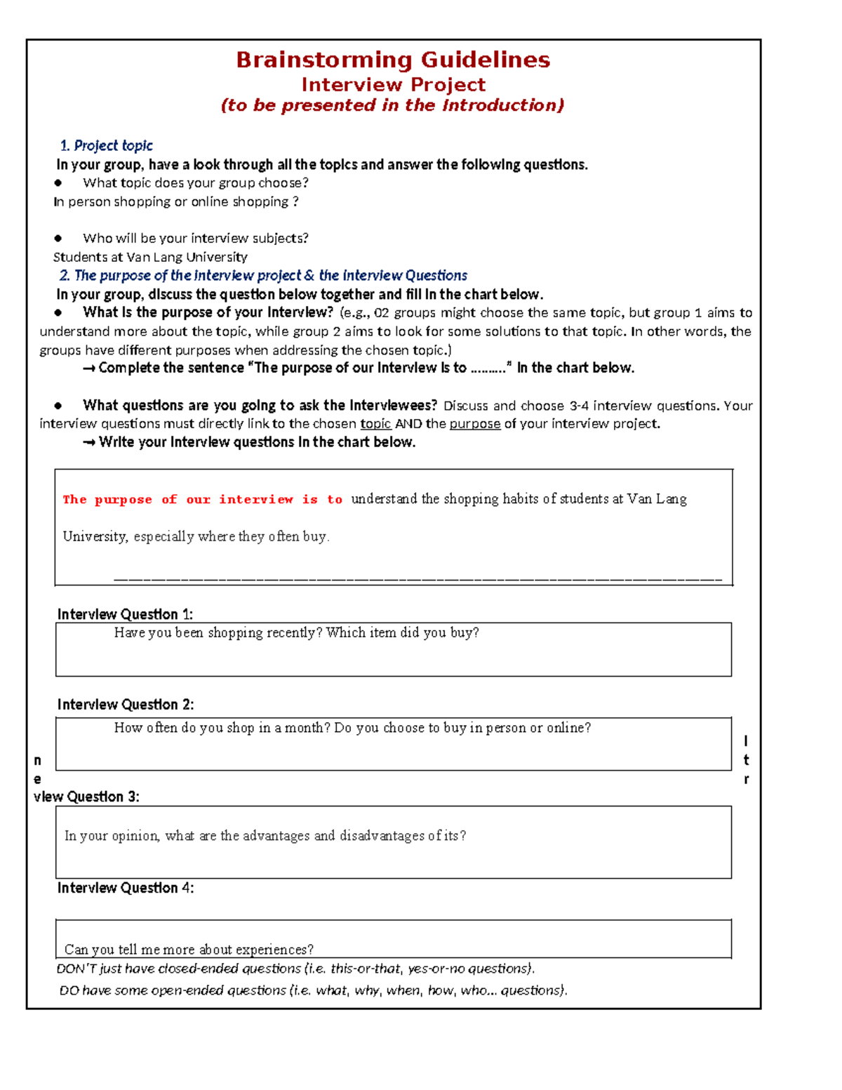 Phase IP Brainstorming Guidelines for Interview Project on Shopping ...
