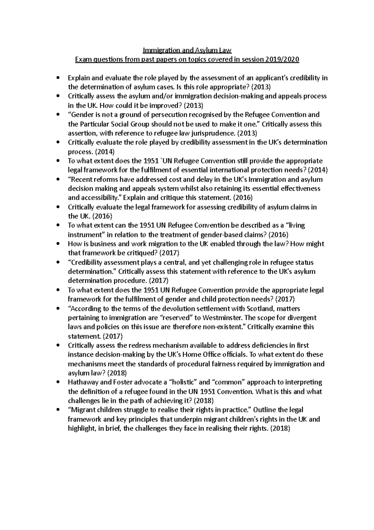 Immigration and Asylum Law (IAL 101) Past Exam Questions Review - Studocu