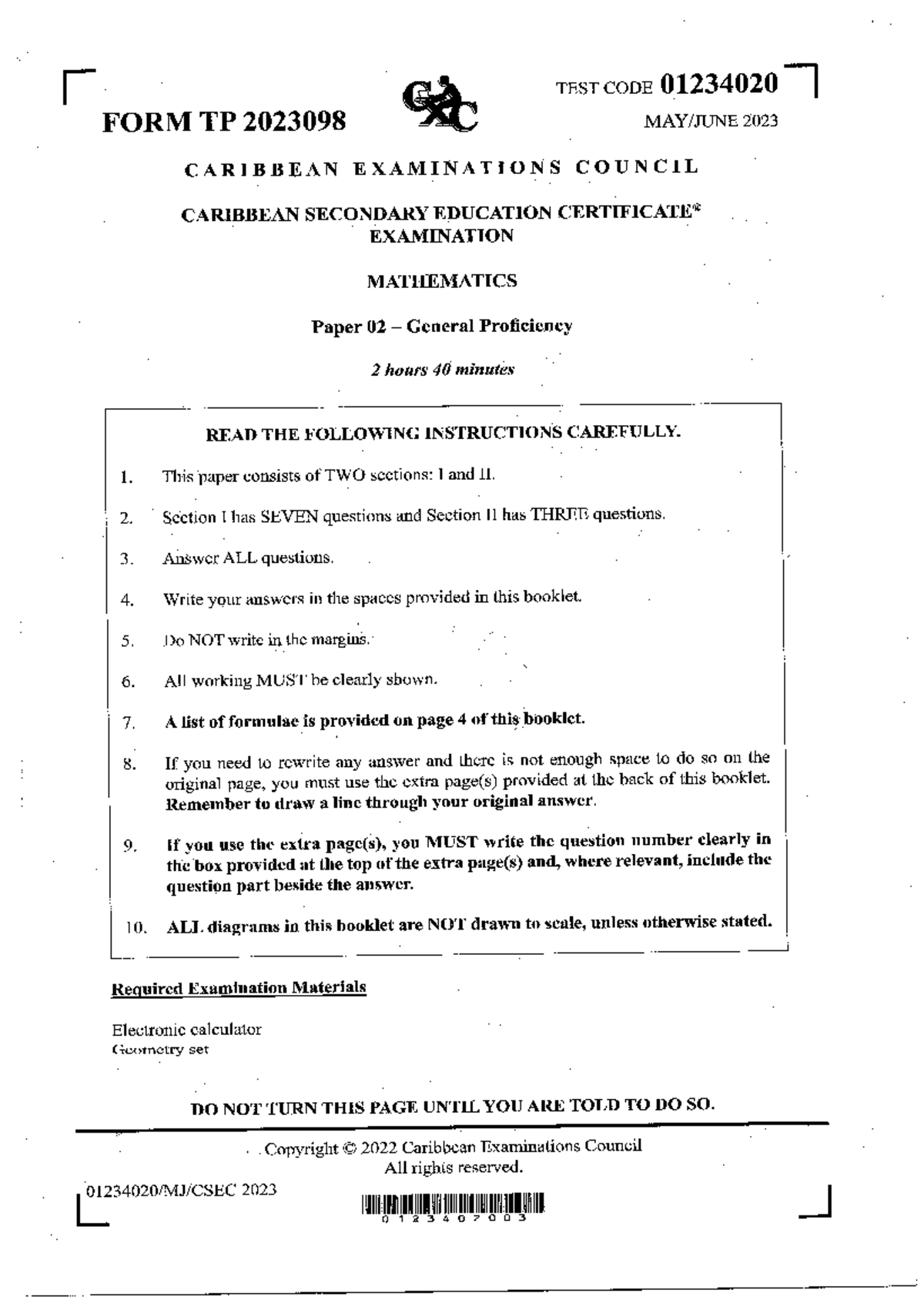 CSEC Mathematics P2 General Proficiency Exam 2023 - Test Paper - Studocu