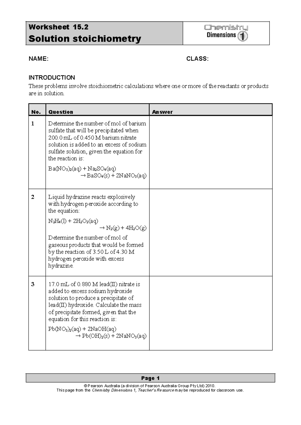 CD1 Worksheet 15.2 - Solutions and Stoichiometry Problems - Studocu