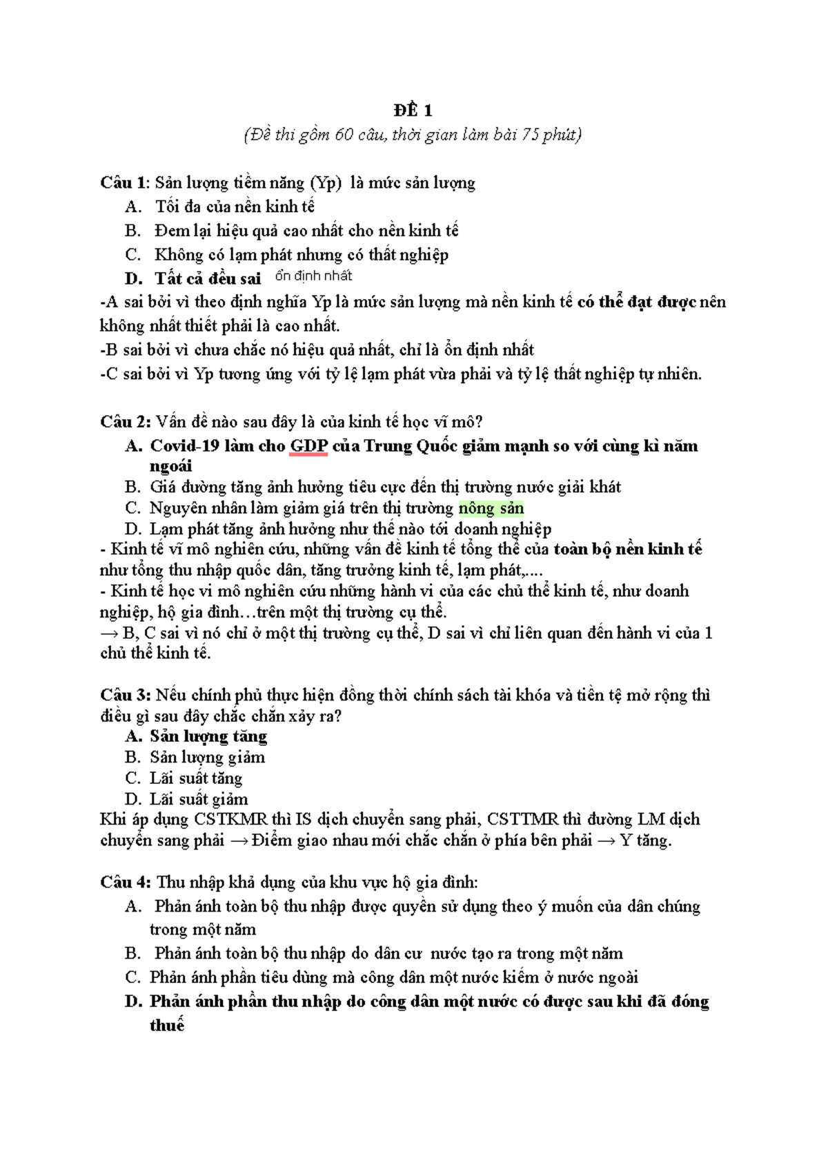 Trắc nghiệm Kinh tế Vĩ mô - Đáp án chi tiết cho Đề thi 60 câu - Document Preview