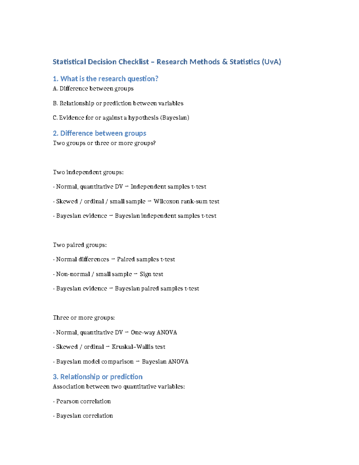 Statistical Decision Checklist for Research Methods (UvA) - Studeersnel