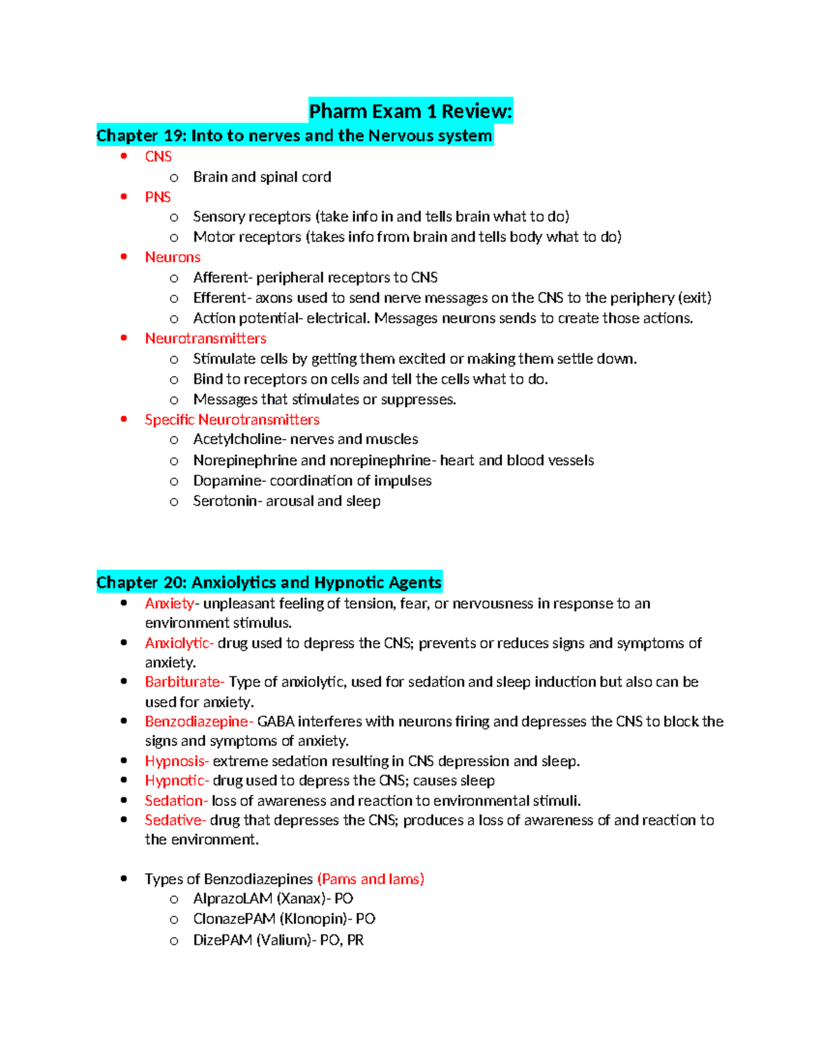 Pharm Exam 1 Review - notes - Pharm Exam 1 Review: Chapter 19: Into to ...