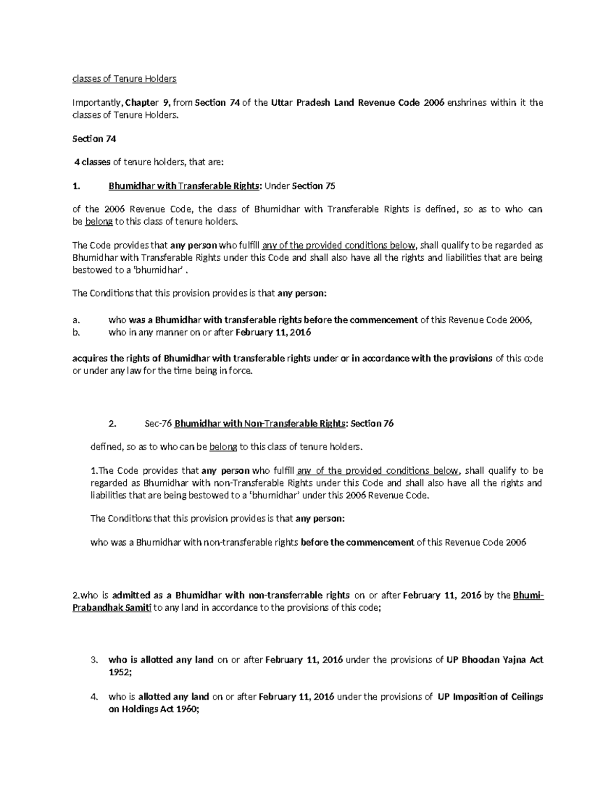 Classes of Tenure Holders Under UP Land Revenue Code 2006 - Studocu