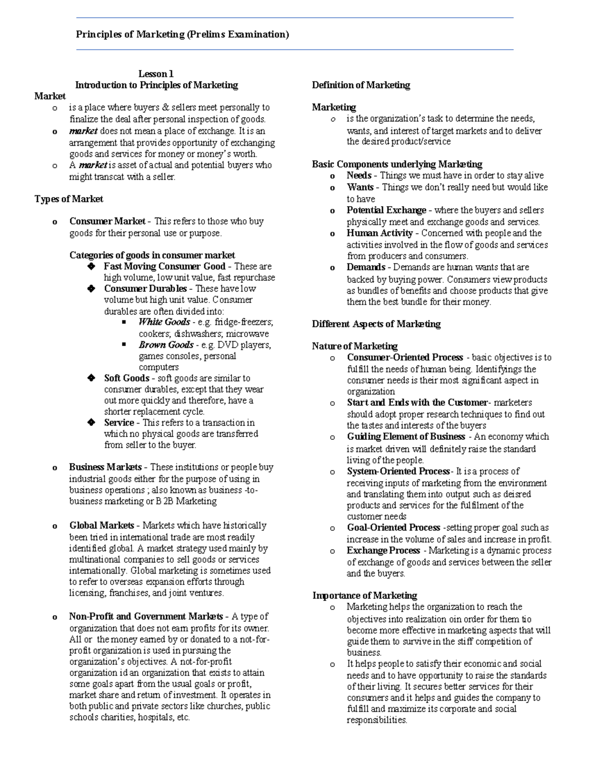 Marketing (MKT101) - Advanced Notes for Prelims Examination - Studocu