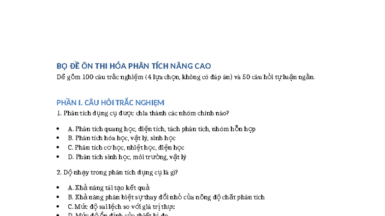 BỘ ĐỀ ÔN THI HÓA PHÂN TÍCH NÂNG CAO: 100 Câu Trắc Nghiệm & Tự Luận - Document Preview