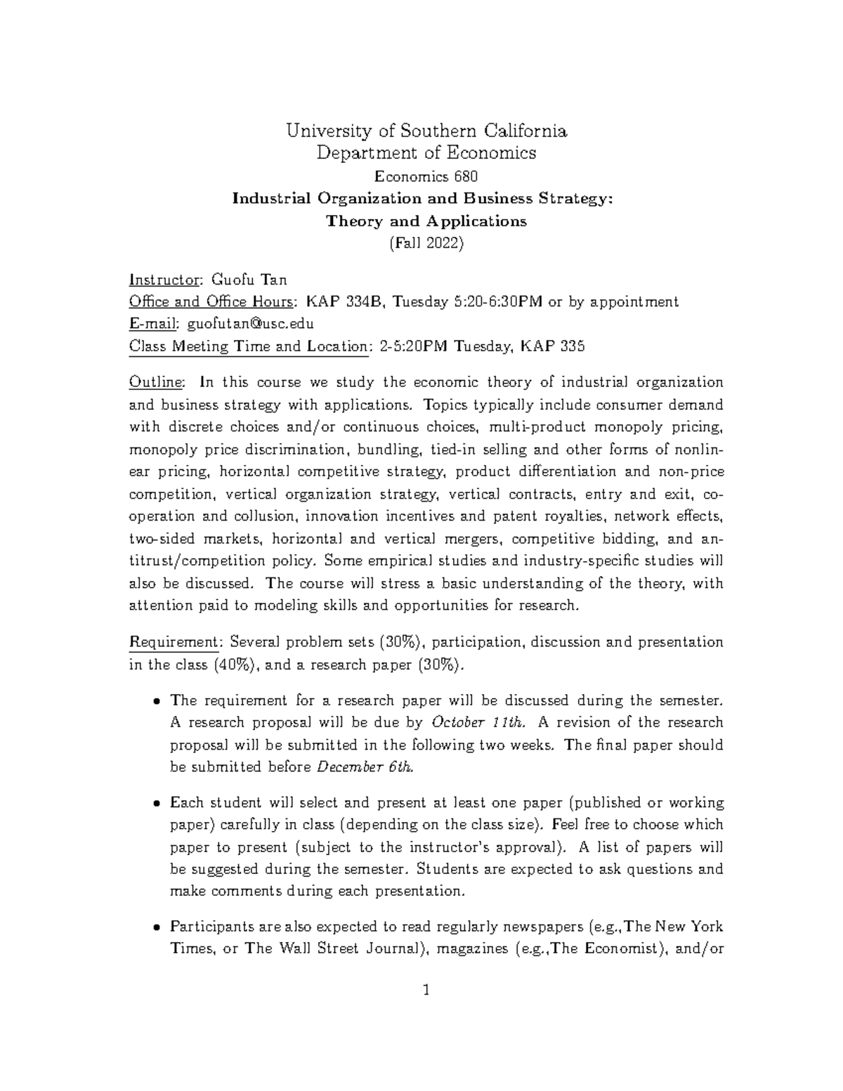 Economics 680: Industrial Organization & Business Strategy