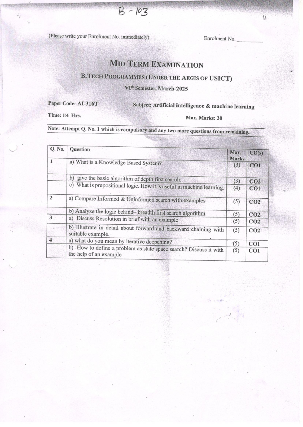 B.TECH VI Semester Midterm Exam: AI & Machine Learning PYQs - Studocu