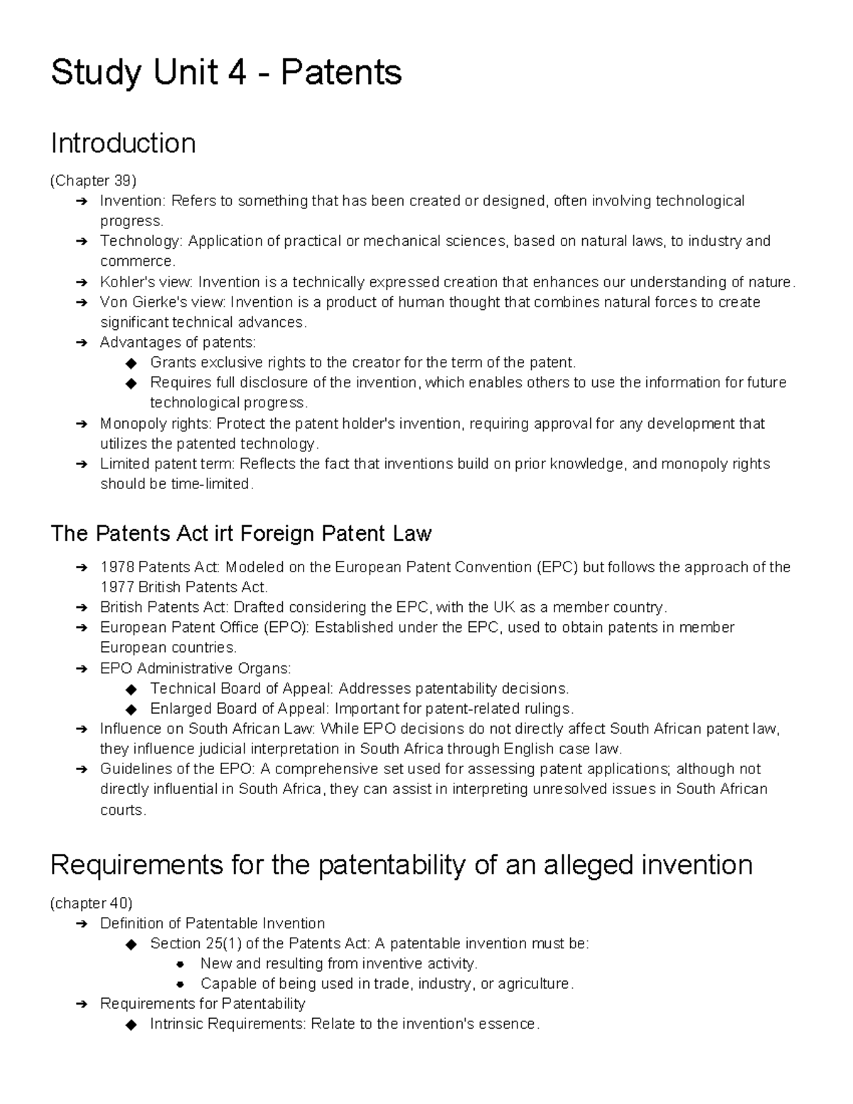 Study Unit 4 (IP) - Summary of Patents and Their Implications - Studocu