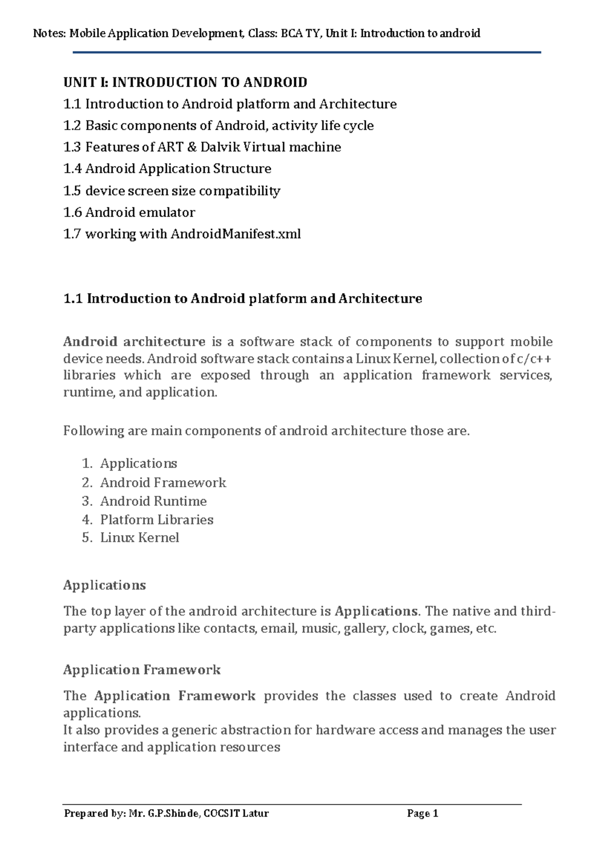 BCA TY Mobile App Dev - Unit I: Intro to Android Architecture ...