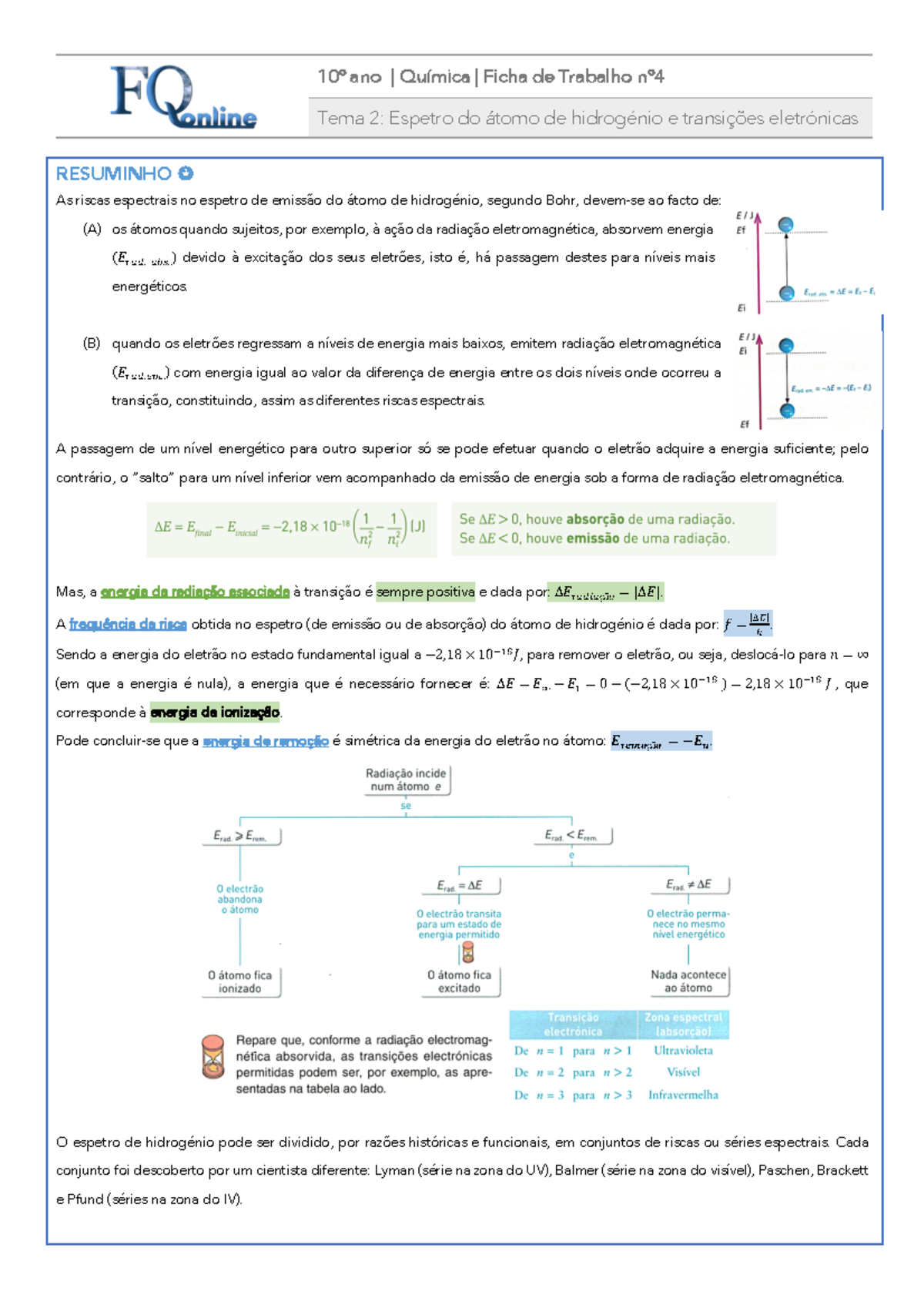 Energia dos Eletrões: Resumo e Exercícios - 10º ano | Química - Studocu, image size:1200x1698