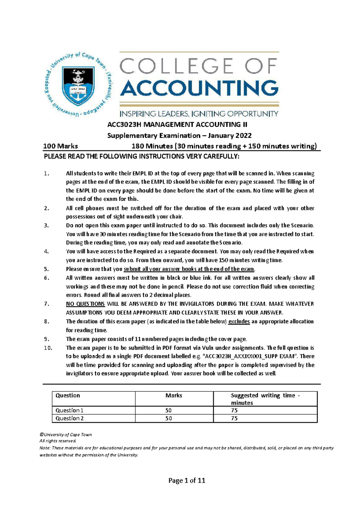 100 Marks ACC3023H Management Accounting II Supplementary Exam Scenario ...