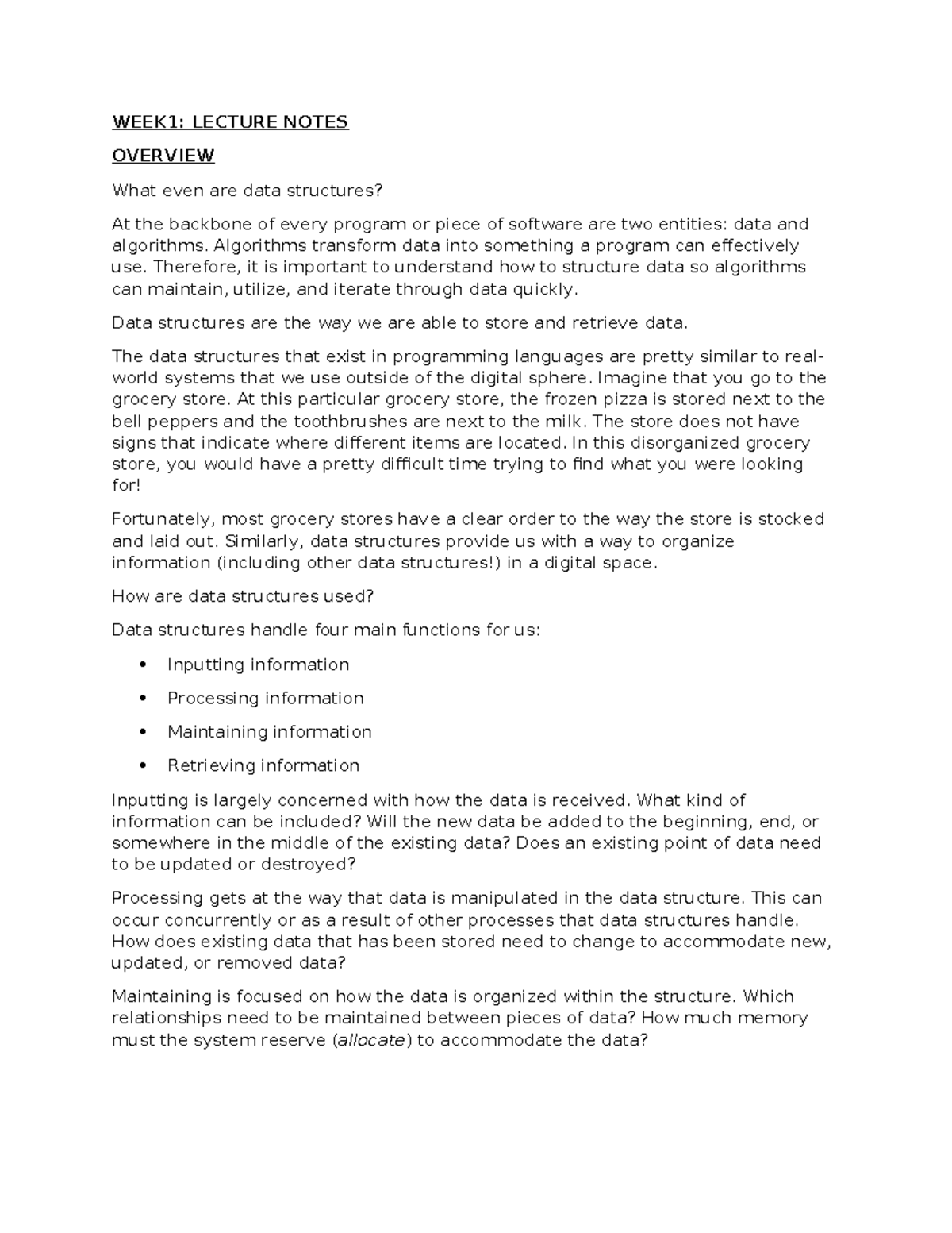 CS101: Week 1 Lecture Notes on Data Structures Overview - Studocu