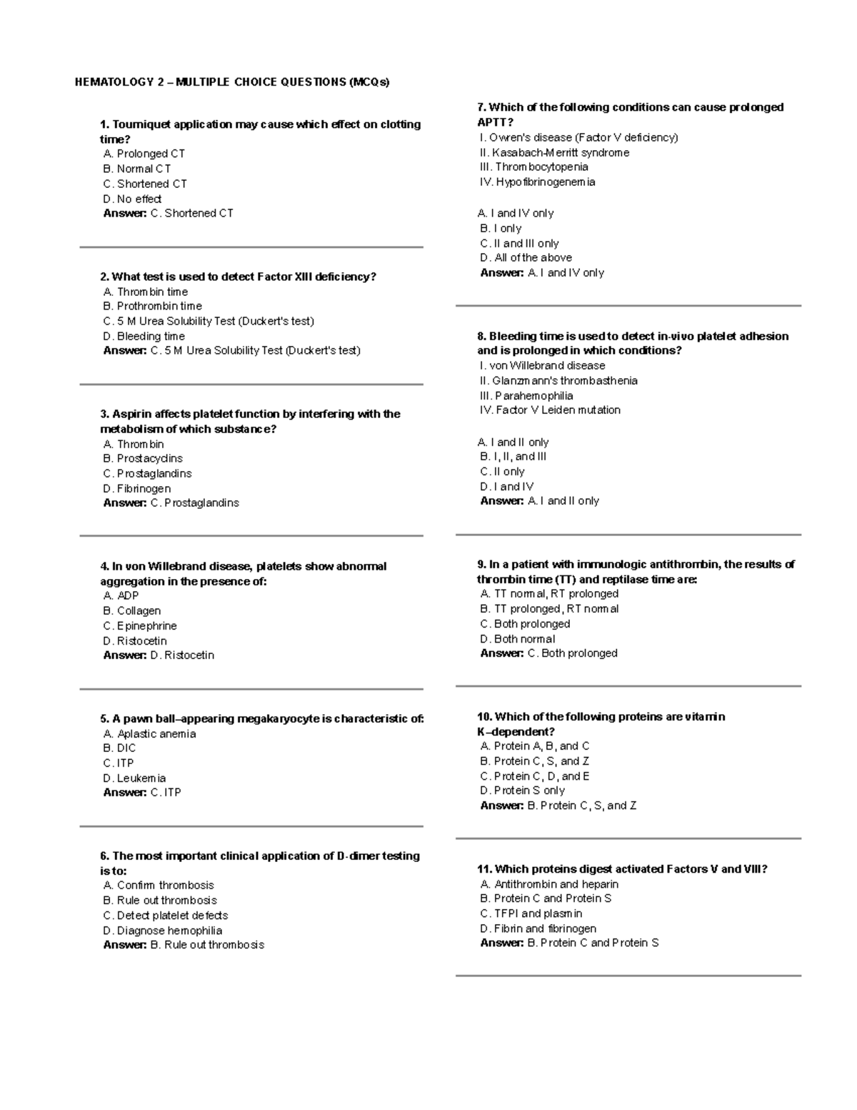 HEMATOLOGY 2 WEEK 4 REVIEW QUESTIONS (MCQs) - Studocu