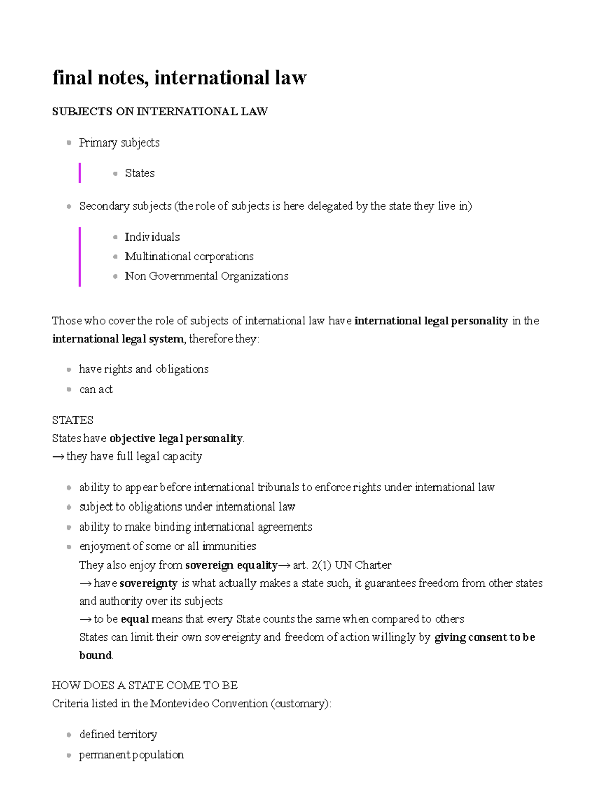 Final Notes on International Law (Course Code: LAW 101) - Studeersnel