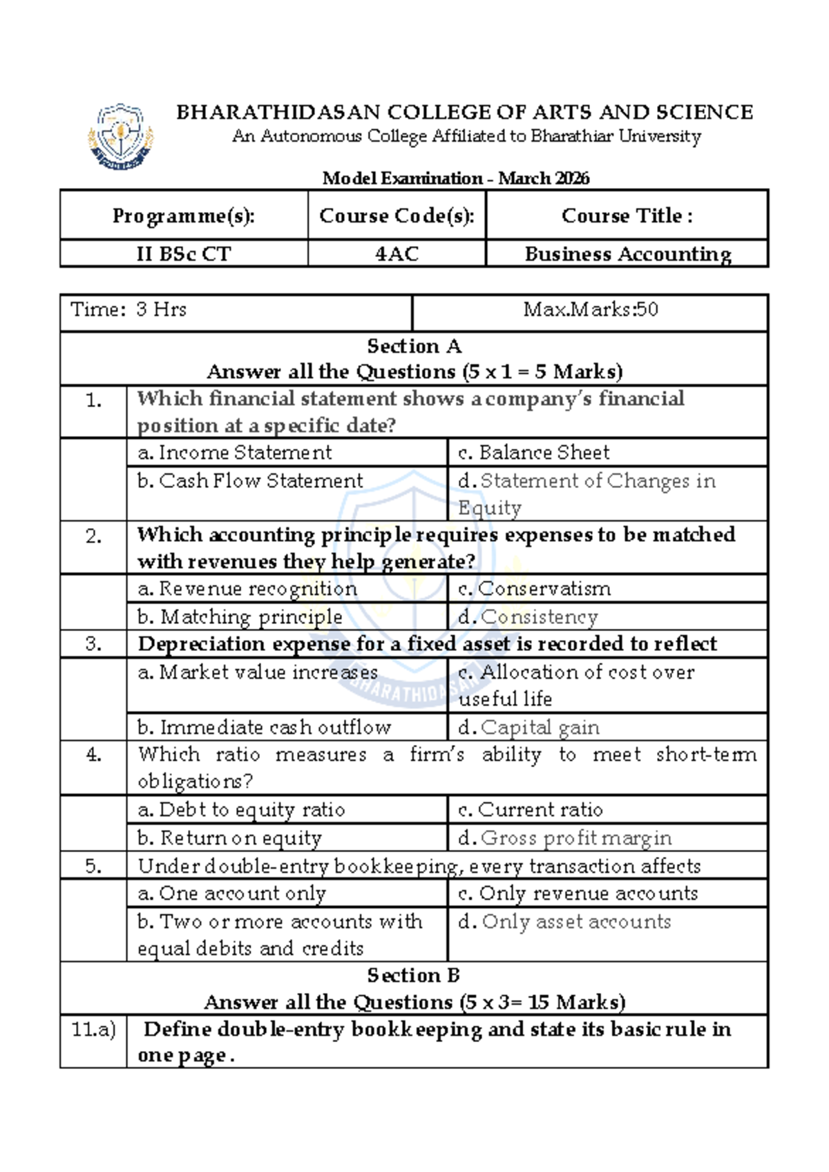 Model Exam March 2026: II BSc CT 4AC Business Accounting - Studocu