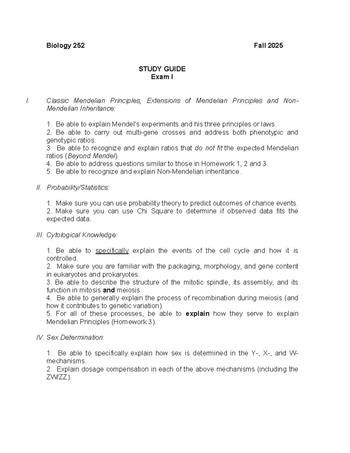 Genetics Study Guide for Exam I - Biology 252 Fall 2025 - Studocu
