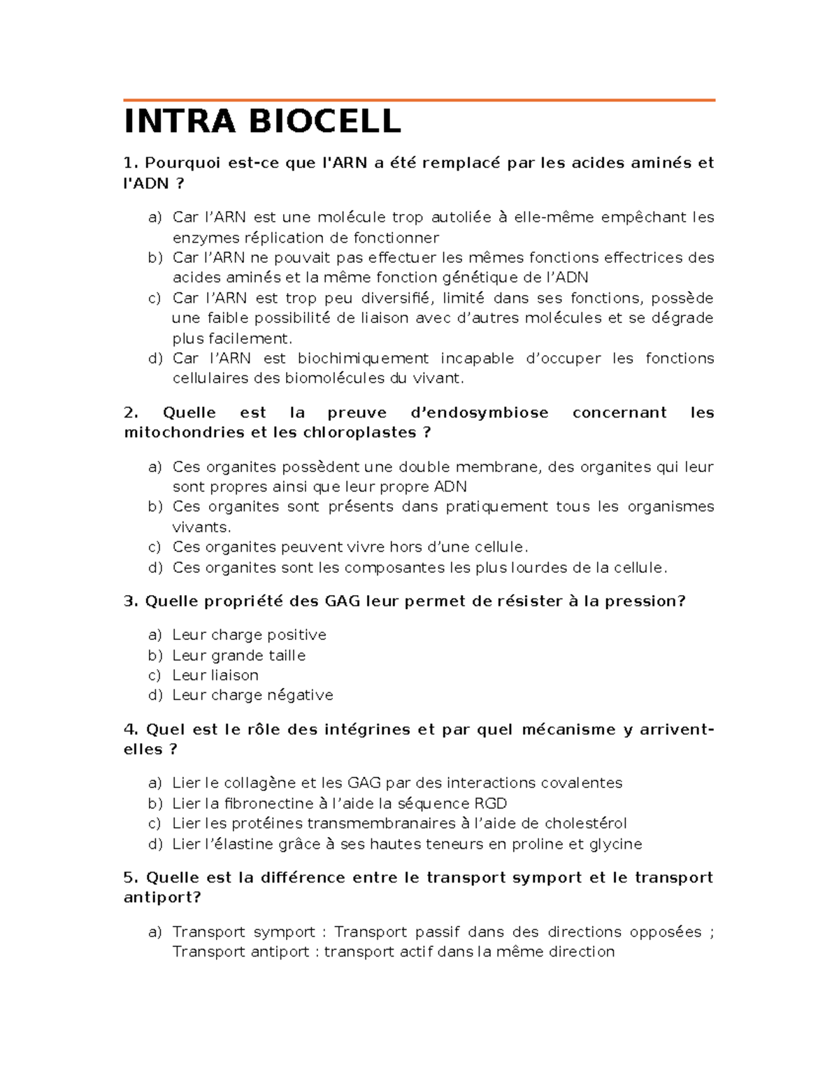 Intra Biocell 1157: Questions et Réponses sur la Biologie Cellulaire ...