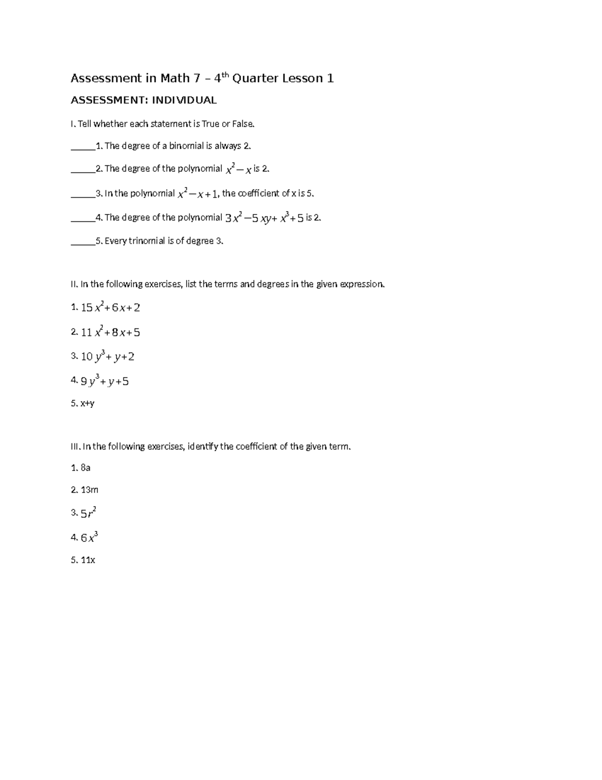 Math 7 4th Quarter Assessment: Lesson 1 True/False & Exercises - Studocu