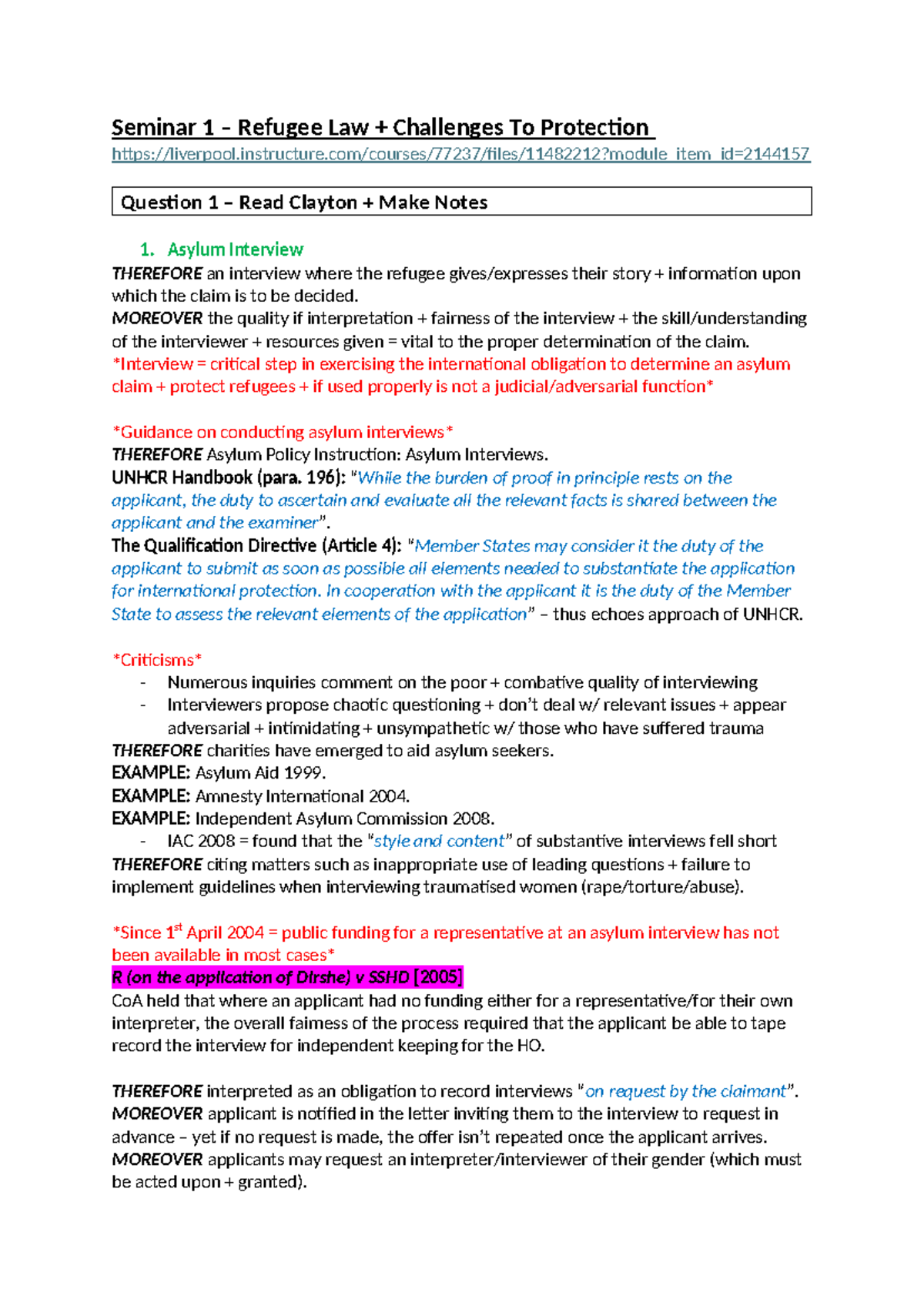 Asylum & Immigration Law: Seminar 1 Notes on Refugee Challenges - Studocu