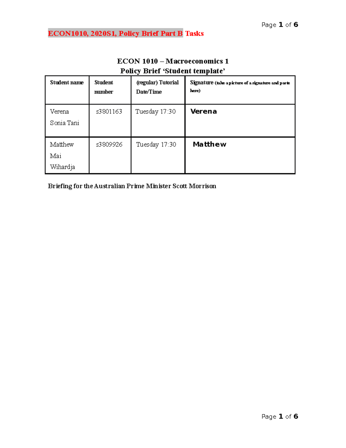macro A2 policy brief part B - ECON1010, 2020S1, Policy Brief Part B ...
