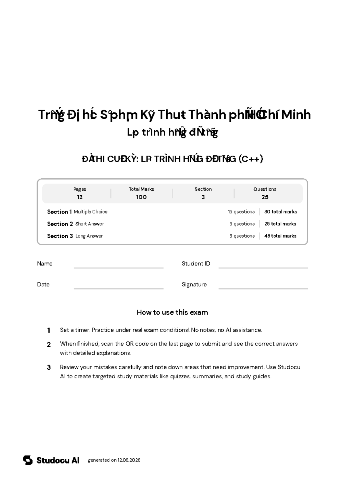 ĐỀ THI CUỐI KỲ: Lập Trình Hướng Đối Tượng (C++) - Studocu