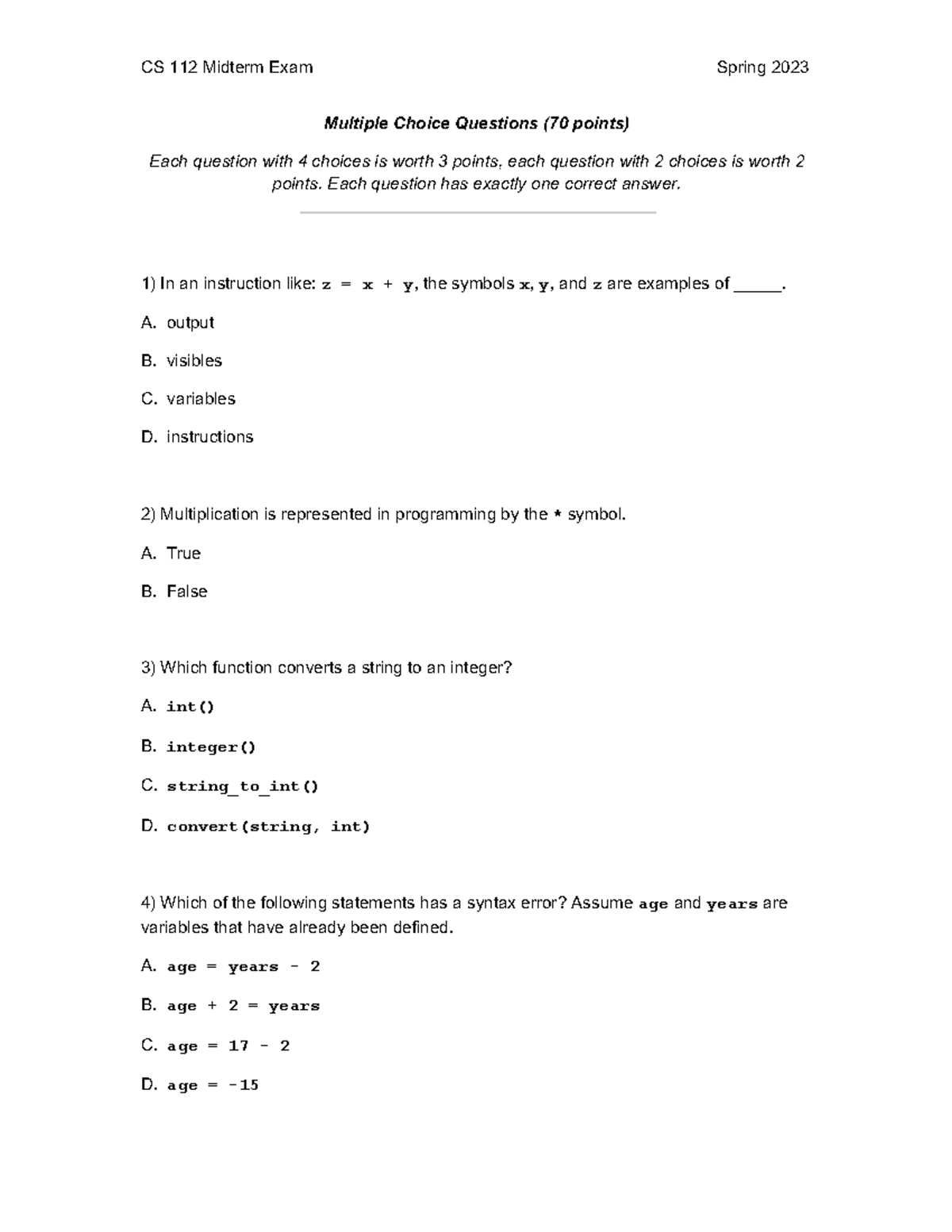 Zaman Midterm MC Questions and Answers for CS101 - Studocu