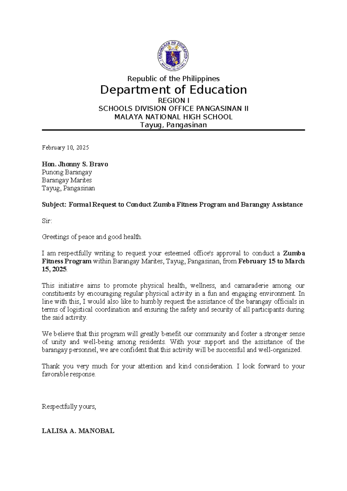 Request Letter for Zumba & Reading Programs in Barangay Marites - Studocu