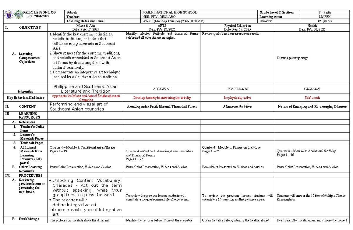 Music&Arts DLL 7 W1 Q4 - Music and Arts Matatag DLL - DAILY LESSON LOG ...