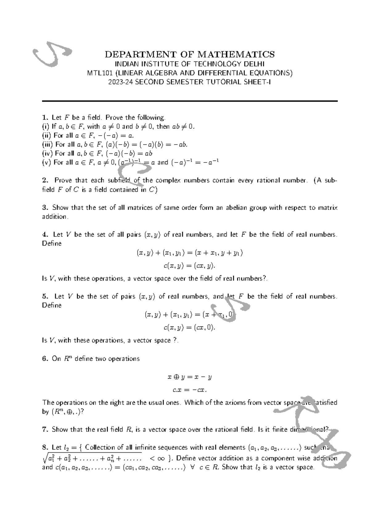 MTL101 Linear Algebra & Differential Equations - Tutorial Sheet 5 - Studocu