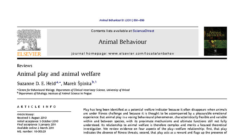 Animal Behaviour 81 (2011) 891-899: Animal Play as a Welfare Indicator ...