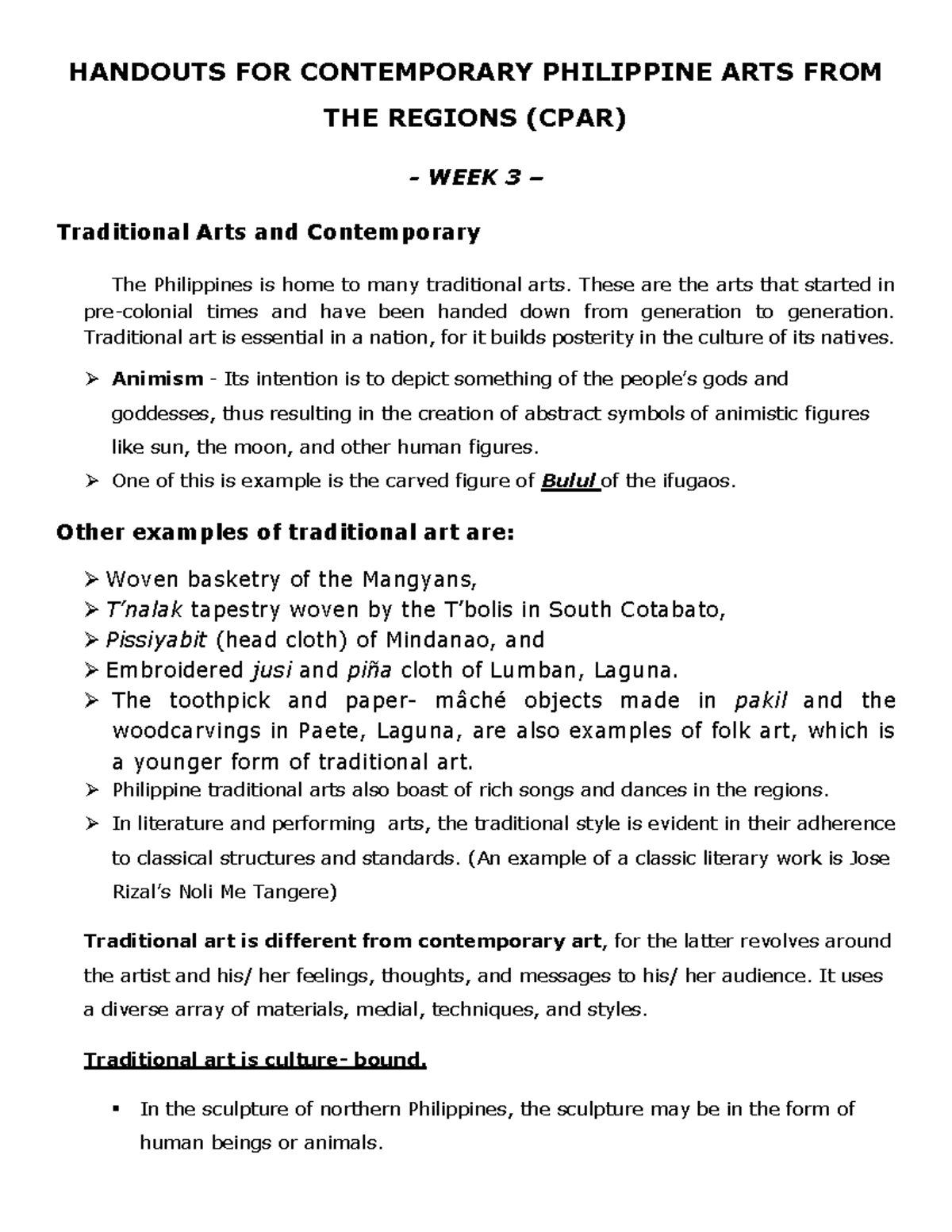 WEEK 3 Handouts on Traditional & Contemporary Philippine Arts (CPAR ...