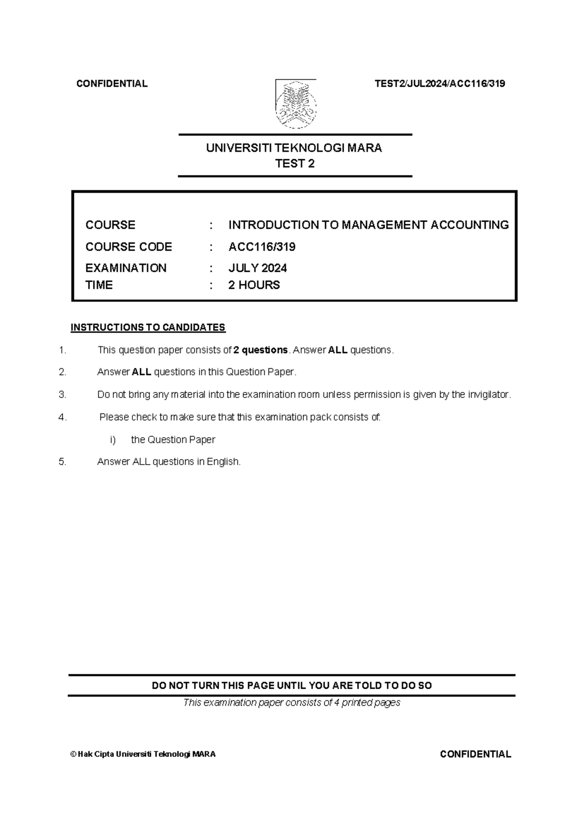 ACC116 TEST 2 JULY 2024: Management Accounting Exam Questions - Studocu