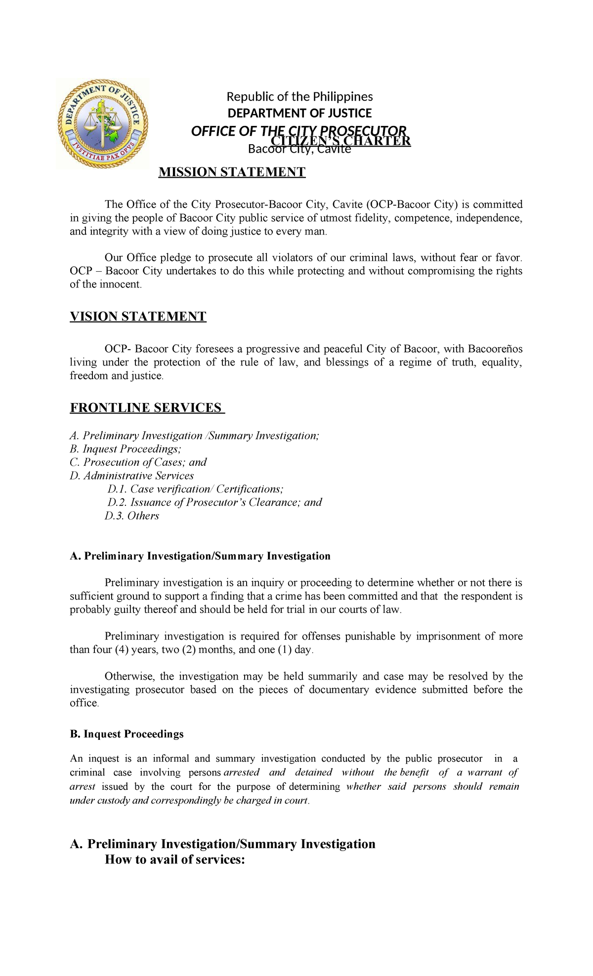 Inquest Schedule - CITIZEN’S CHARTER MISSION STATEMENT The Office of ...