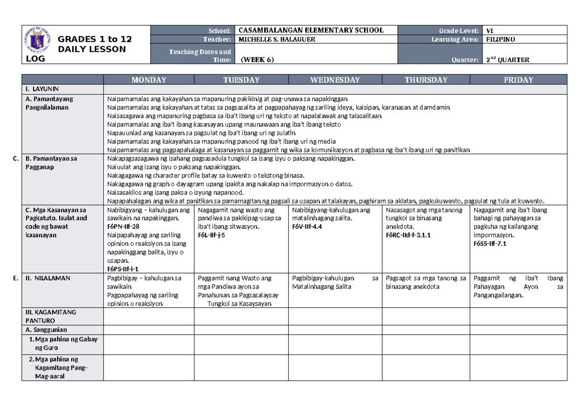 DLL Filipino 6 Q2 W6 - Daily Lesson Log for Grade VI - Studocu