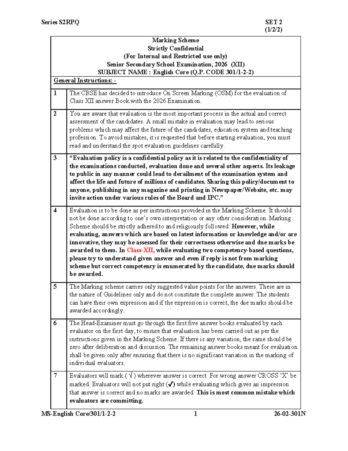 XII 301 English Core Marking Scheme for S2RPQ SET 2 - 2026 - Studocu