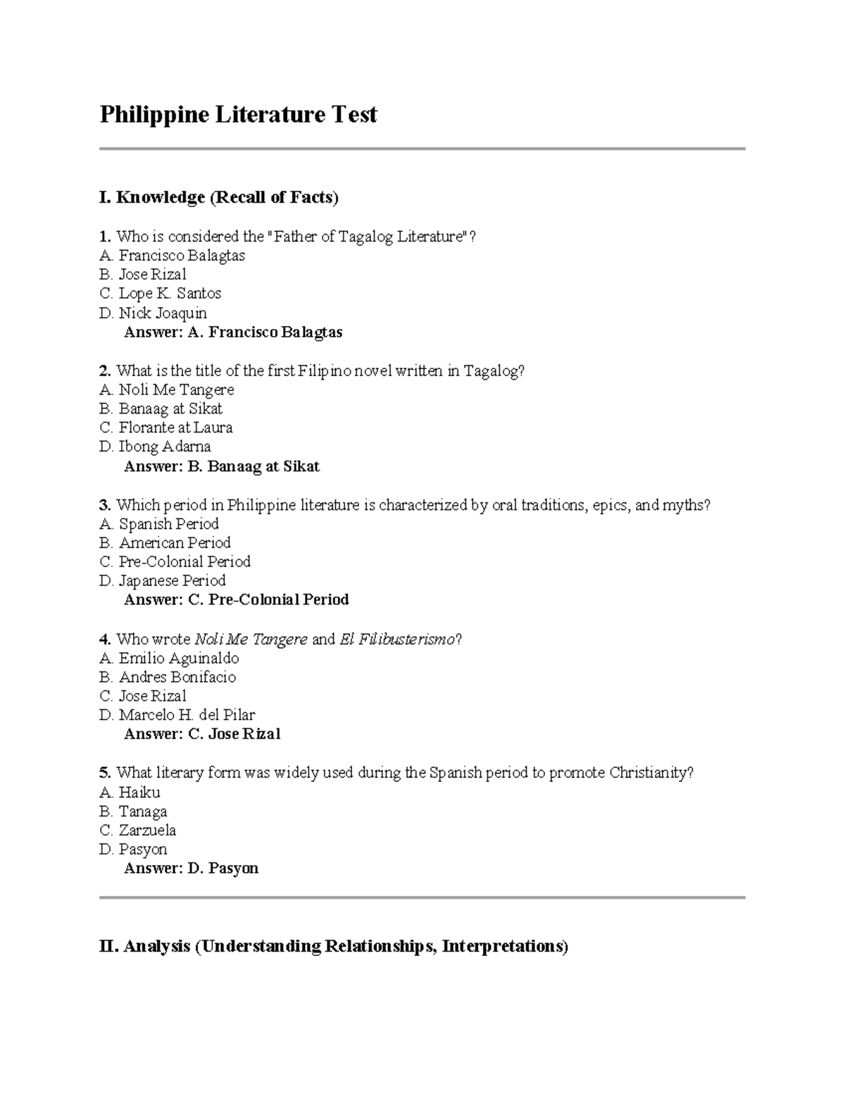 21st Century Philippine Literature: Multiple Choice Test - Studocu