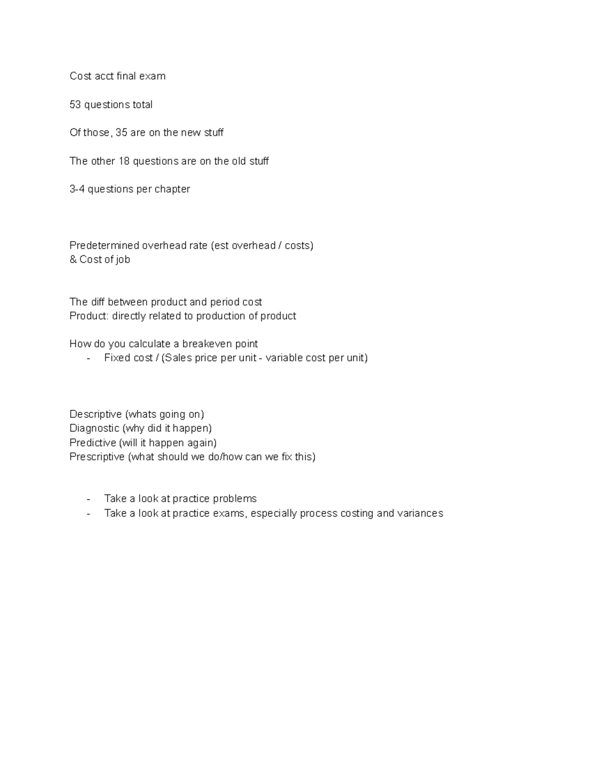 Cost Acct Final Exam Review: Key Concepts & Practice Questions - Studocu