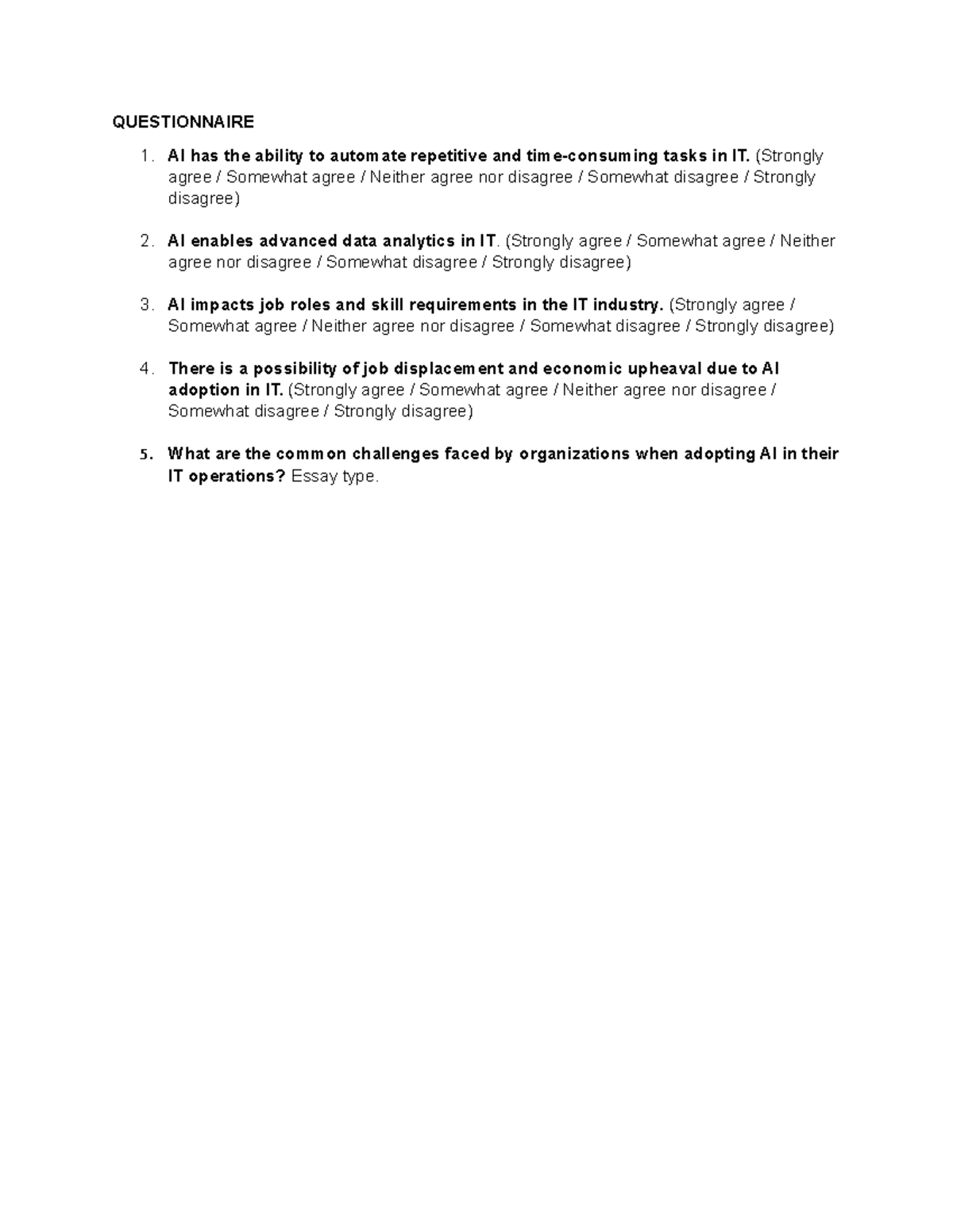 IT Questionnaire on AI Impact and Adoption Challenges - Studocu