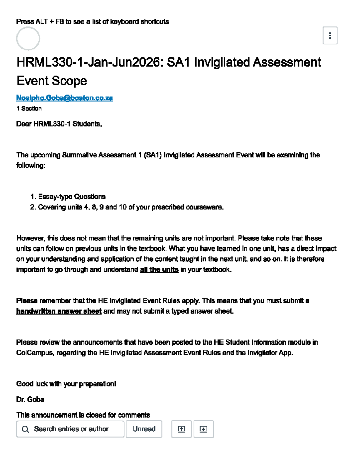 SA1 Invigilated Assessment Event Scope: Units 4, 8, 9, 10 Overview ...