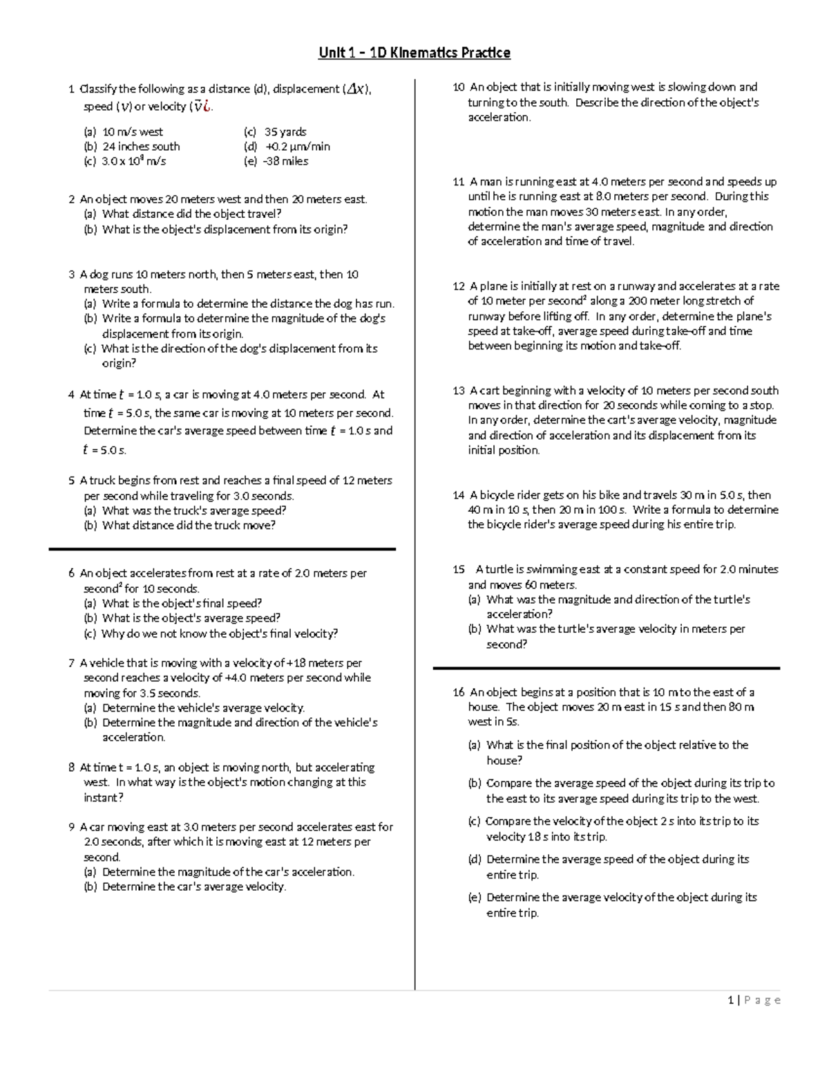 AP1 - Unit 1 One-Dimensional Kinematics Practice Questions - Studocu