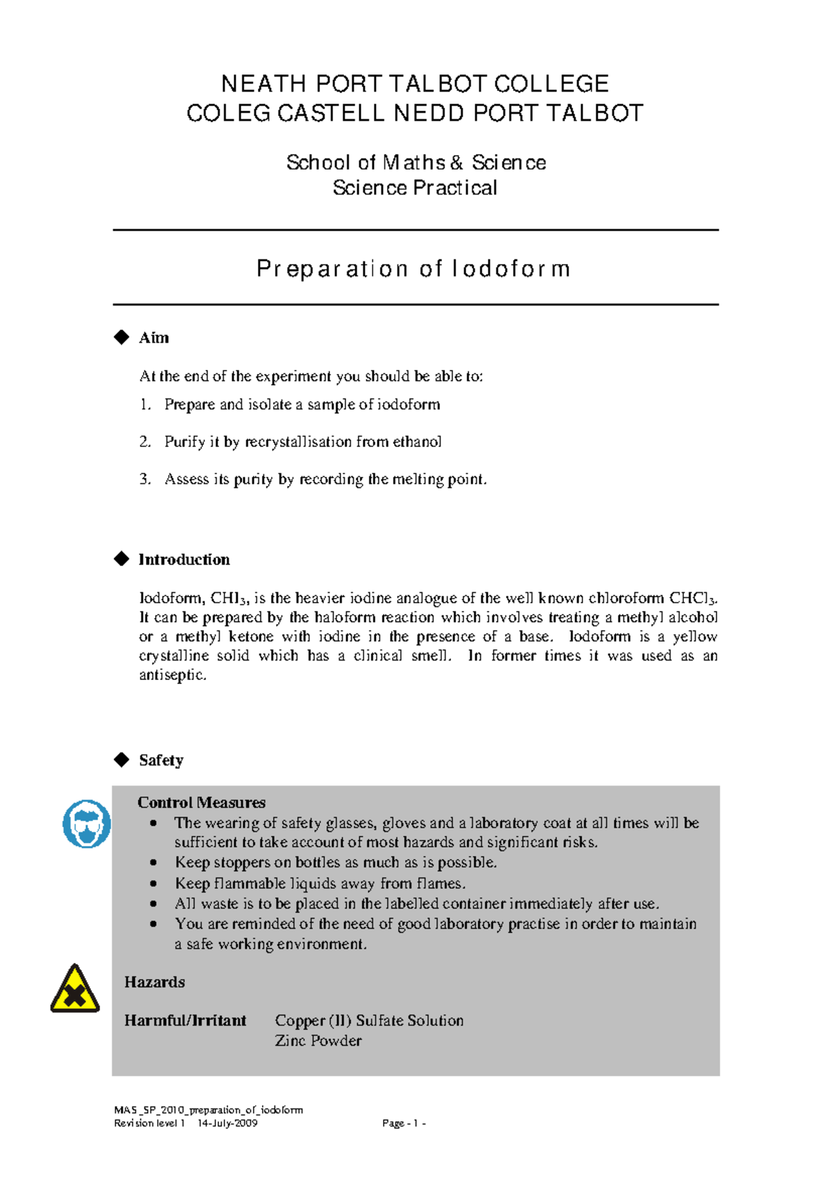 MAS SP 2010 Practical: Preparation and Purification of Iodoform - Studocu