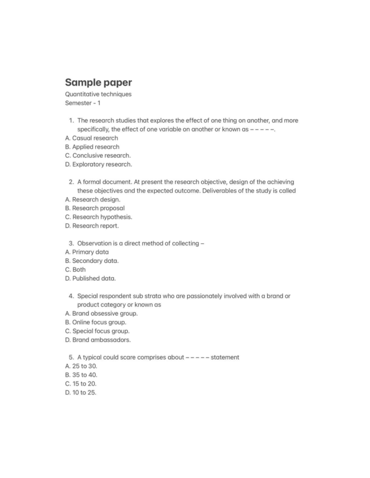 Quantitave Twchnique - Practice - Sample paper Quantitative techniques ...