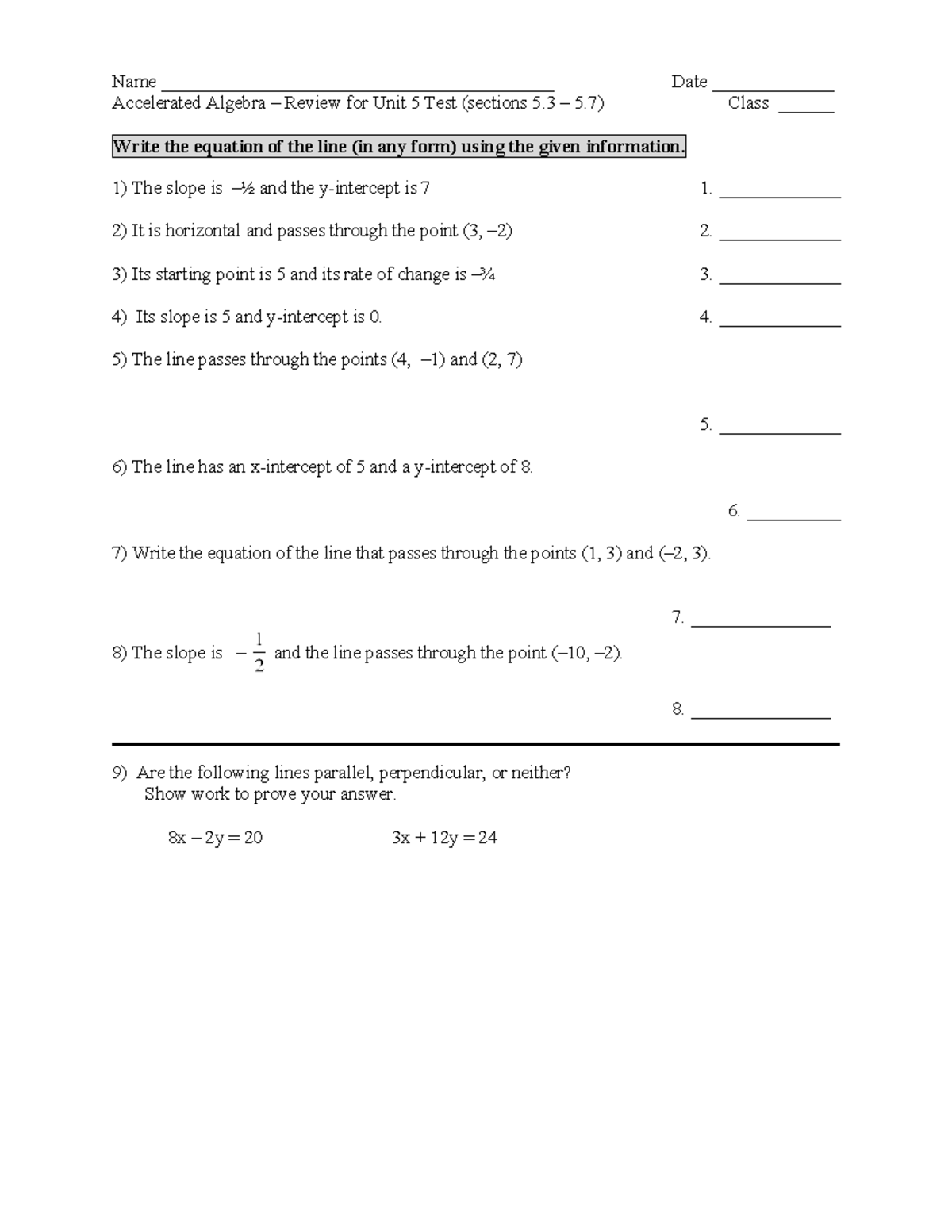 Unit 5 - Test Review - alg accel - Name ...