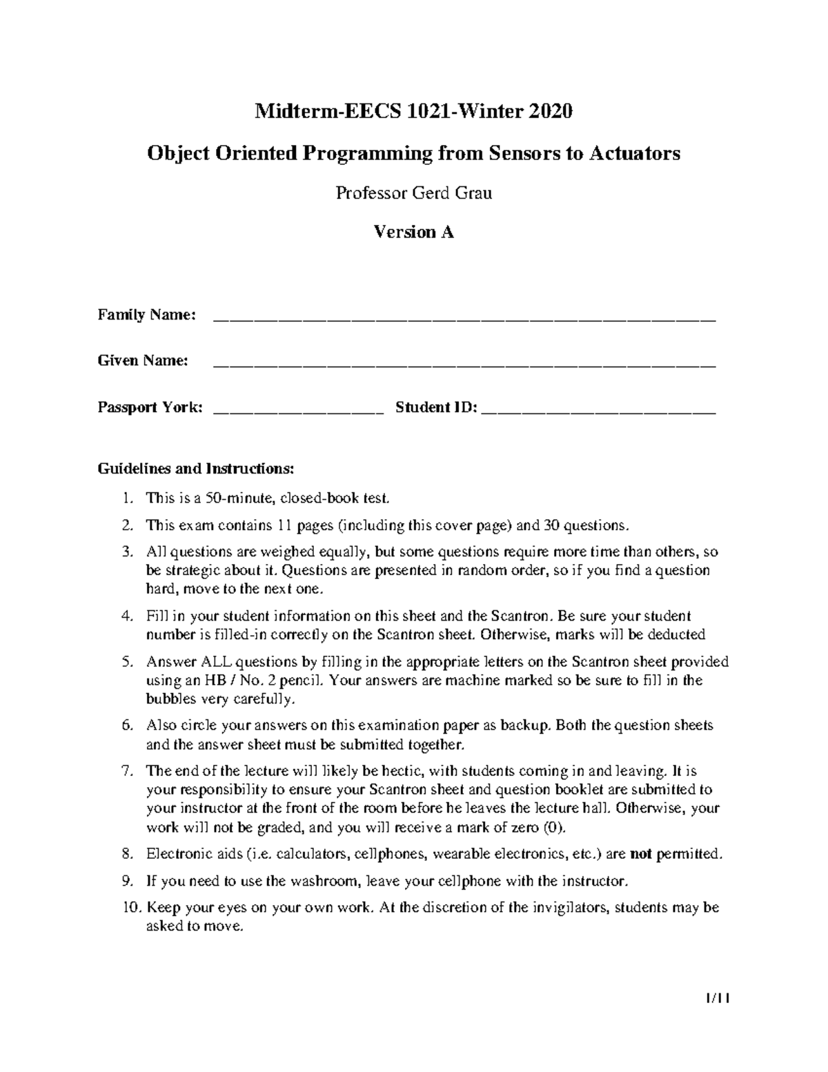 Midterm Exam-EECS 1021-Winter 2020: Object Oriented Programming Answers ...