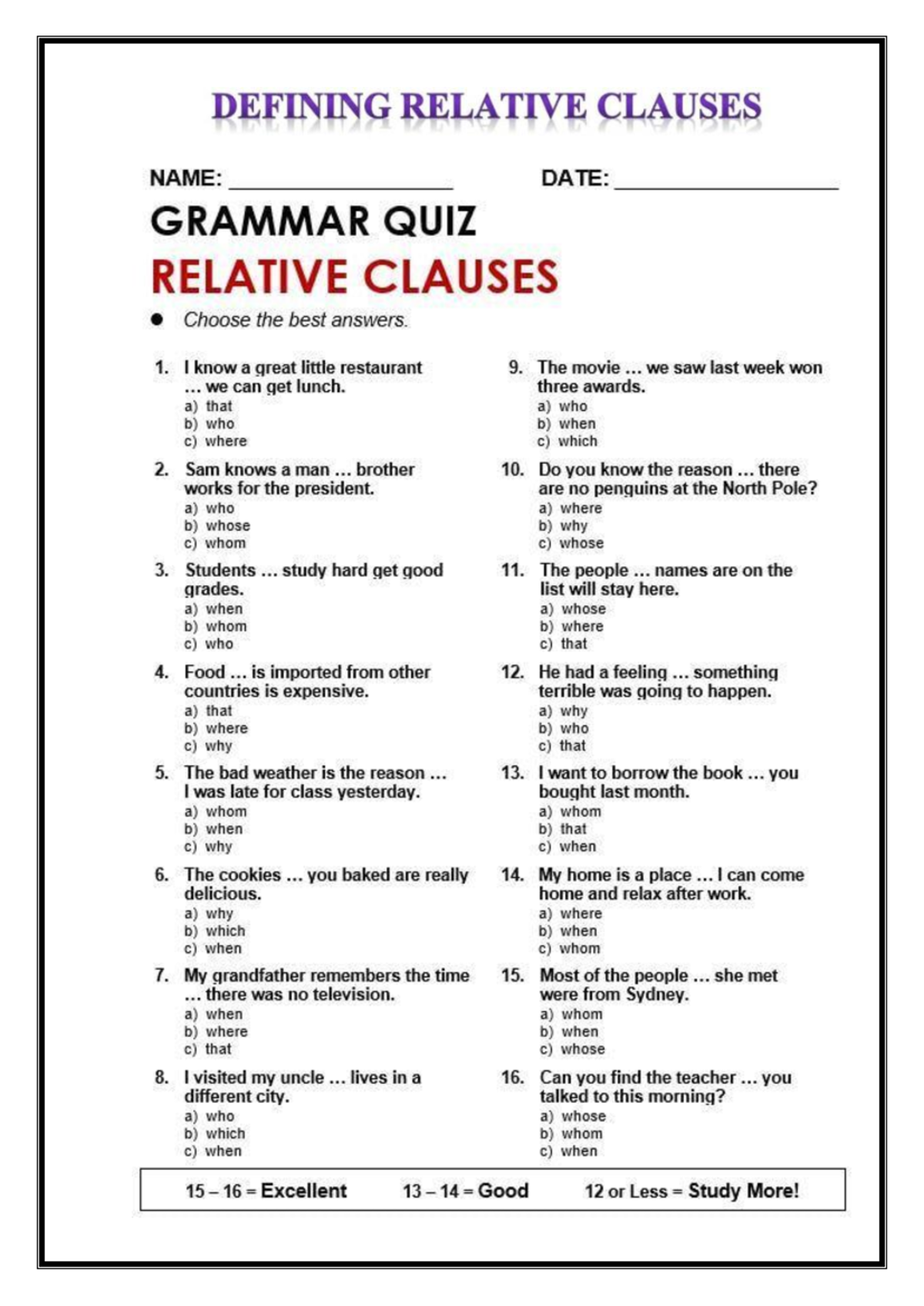 Grammar Quiz: Defining Relative Clauses (ENG 101) - Studocu