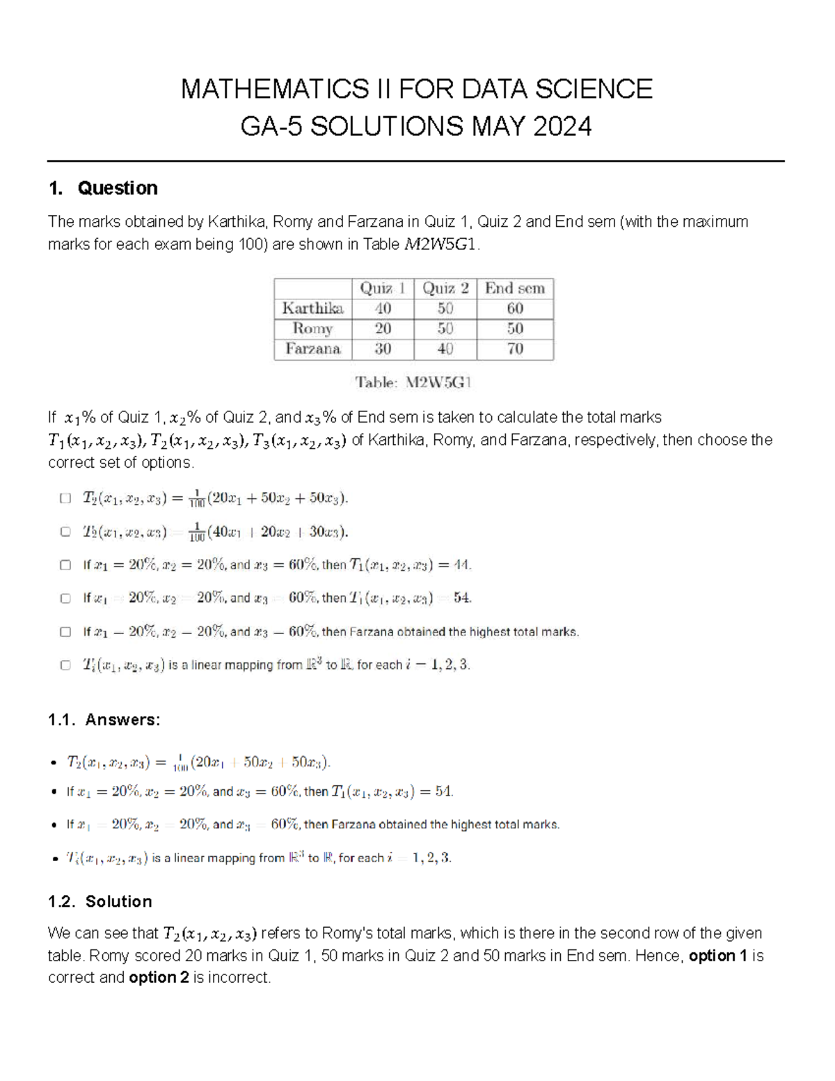 MATHEMATICS II FOR DATA SCIENCE QUIZ SOLUTIONS MAY 2024 - Studocu