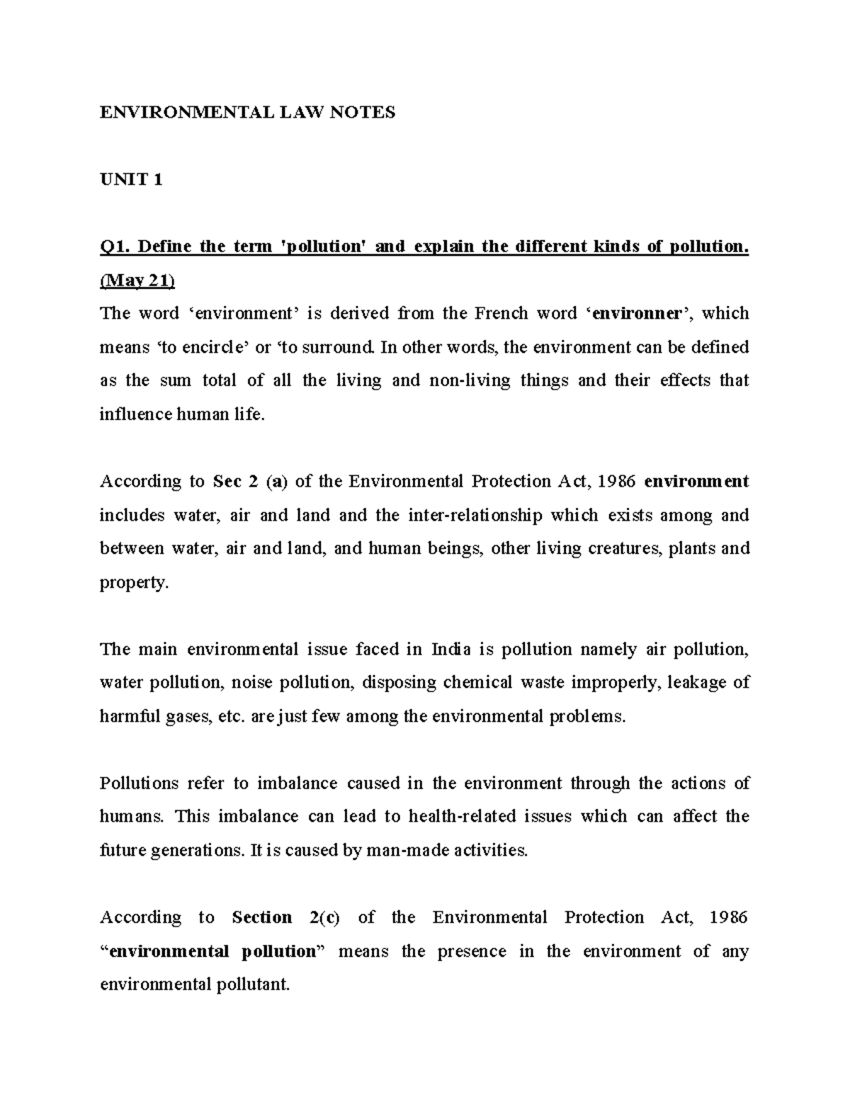 Environmental Law Notes: Types and Impacts of Pollution - Studocu
